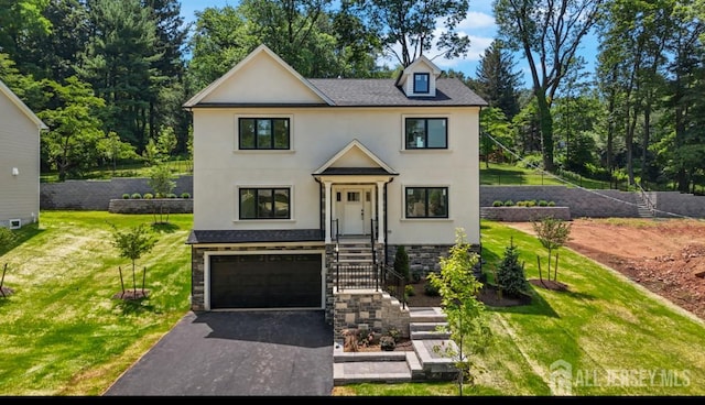 114 Whispering Hills Rd, South Plainfield, NJ 07080 - view of front of home featuring stucco siding, asphalt driveway, a garage, and a front yard