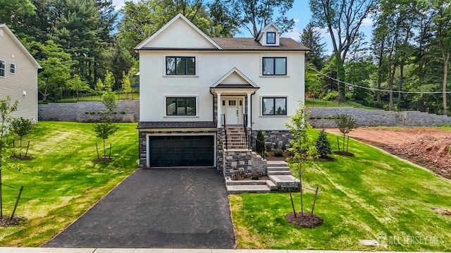 114 Whispering Hills Rd, South Plainfield, NJ 07080 - view of front of home with stucco siding, a garage, a front lawn, and asphalt driveway