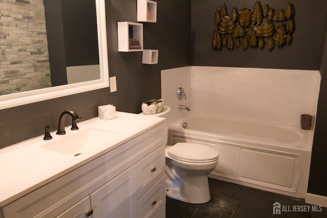 full bath with toilet, a bath, vanity, and tile patterned flooring