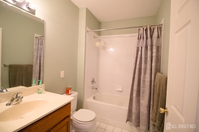 bathroom with tile patterned flooring, shower / bath combination with curtain, toilet, and vanity