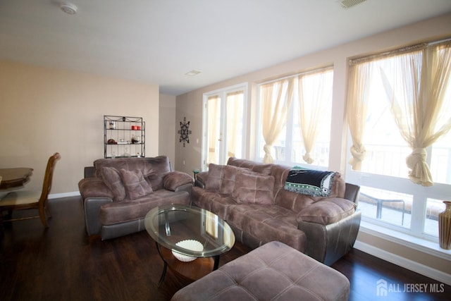 living area with baseboards, a healthy amount of sunlight, and wood finished floors