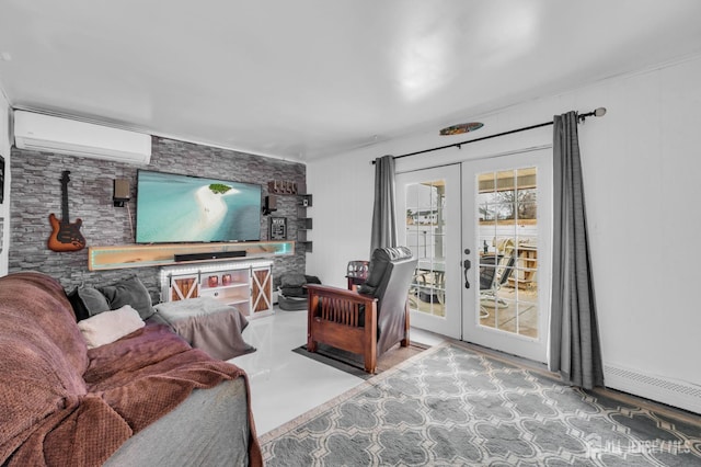 living room featuring french doors and a wall mounted air conditioner