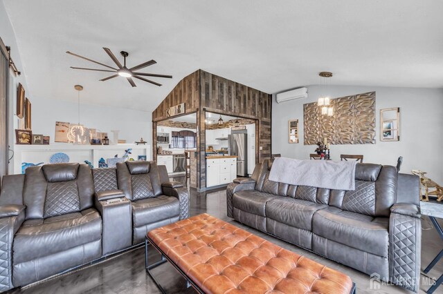 living room featuring lofted ceiling, an AC wall unit, concrete flooring, and ceiling fan