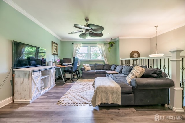 350 Church Ln, North Brunswick, NJ 08902 - living room with a ceiling fan, an office area, crown molding, baseboards, and wood finished floors
