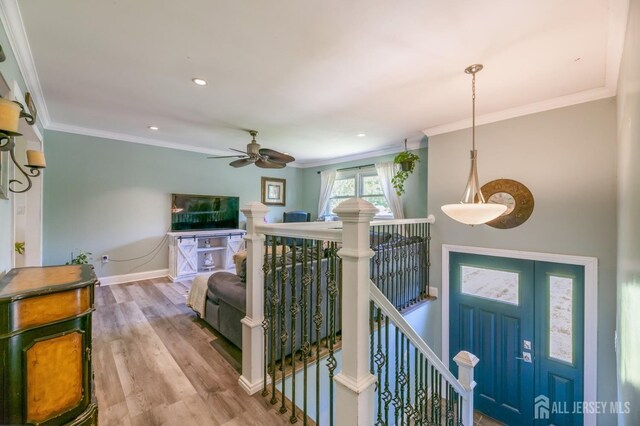 350 Church Ln, North Brunswick, NJ 08902 - entrance foyer featuring baseboards, ornamental molding, wood finished floors, ceiling fan, and recessed lighting