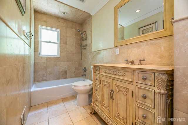 350 Church Ln, North Brunswick, NJ 08902 - bathroom with tile walls, toilet, vanity, shower / tub combination, and tile patterned flooring