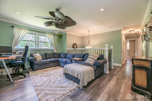 350 Church Ln, North Brunswick, NJ 08902 - living room with a ceiling fan, wood finished floors, ornamental molding, an office area, and baseboards