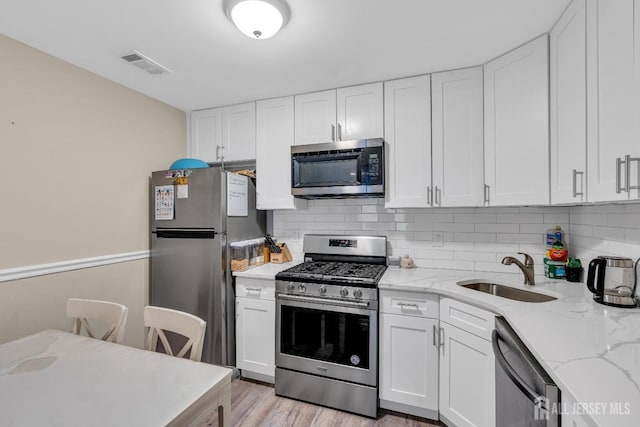 kitchen featuring white cabinets, stainless steel appliances, visible vents, and a sink