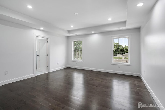 spare room featuring a tray ceiling and dark wood-type flooring