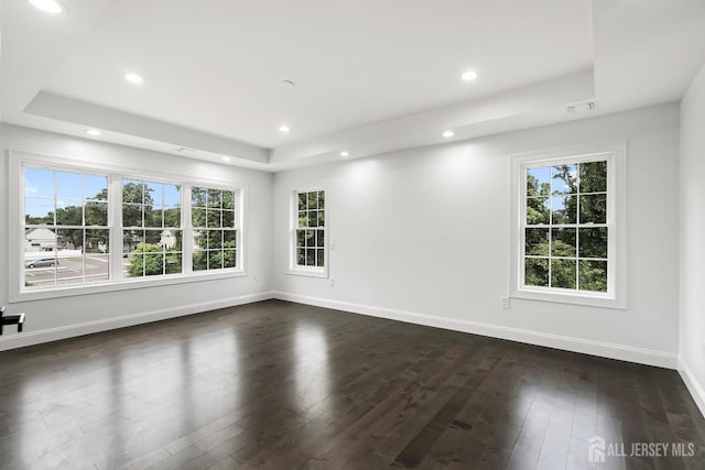 spare room with a tray ceiling and dark hardwood / wood-style flooring