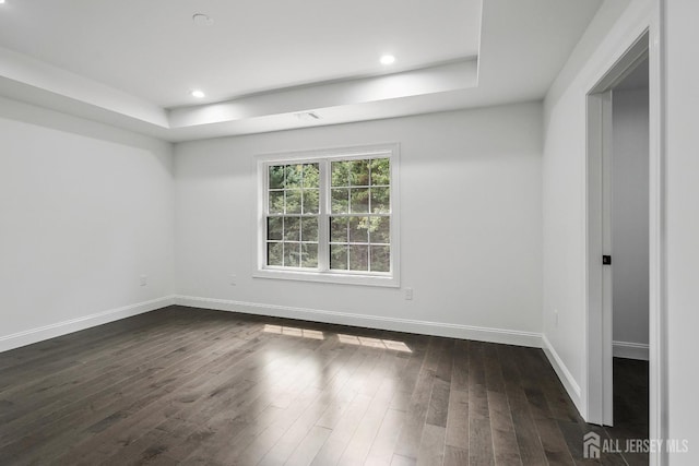 empty room featuring a raised ceiling and dark hardwood / wood-style floors