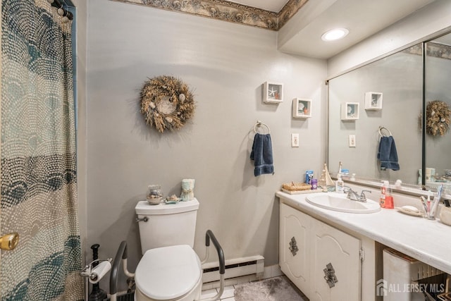 full bathroom with a baseboard radiator, baseboards, toilet, vanity, and tile patterned flooring