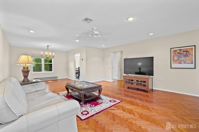 620 Deal Rd Unit 620A, Monroe, NJ 08831 - living room with a chandelier, a baseboard radiator, baseboards, ceiling fan, and recessed lighting