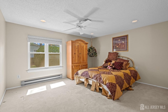 620 Deal Rd Unit 620A, Monroe, NJ 08831 - bedroom featuring a baseboard radiator, carpet floors, a textured ceiling, ceiling fan, and baseboards