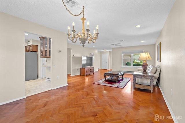 620 Deal Rd Unit 620A, Monroe, NJ 08831 - living area featuring a chandelier, baseboards, ceiling fan, a textured ceiling, and recessed lighting