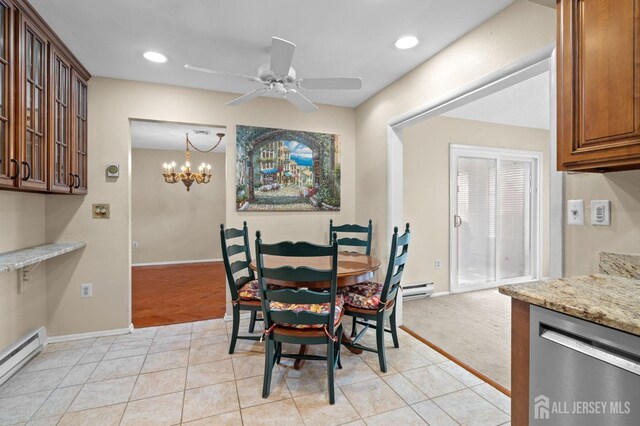 620 Deal Rd Unit 620A, Monroe, NJ 08831 - dining area featuring baseboard heating, ceiling fan, a chandelier, baseboards, and a baseboard radiator