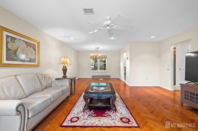 620 Deal Rd Unit 620A, Monroe, NJ 08831 - living room featuring a chandelier, ceiling fan, baseboards, a textured ceiling, and recessed lighting