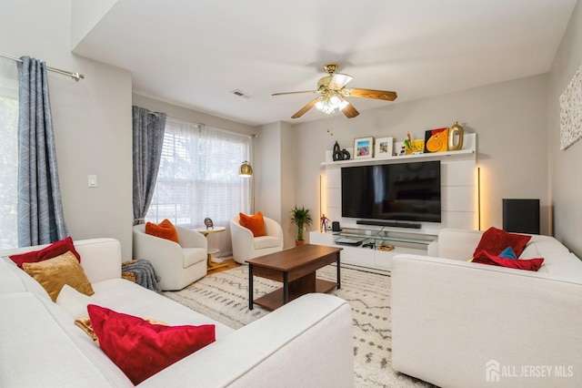 living room featuring visible vents and a ceiling fan