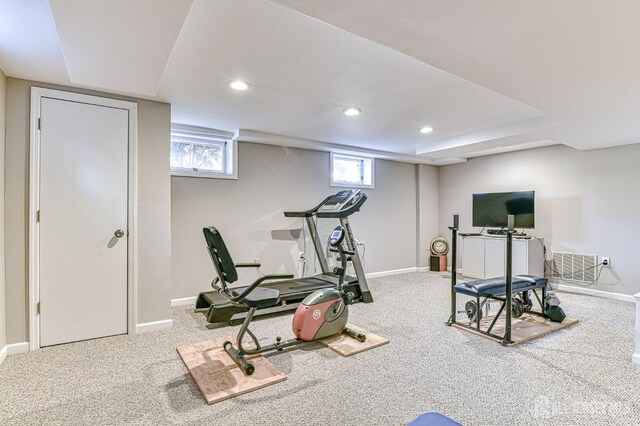 workout area featuring carpet flooring