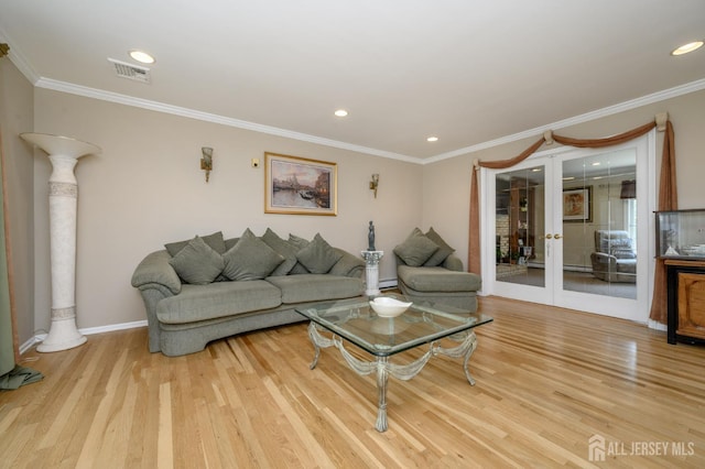 1 Wilfred Rd, Manalapan, NJ 07726 - living room with french doors, ornamental molding, light wood-type flooring, recessed lighting, and baseboard heating