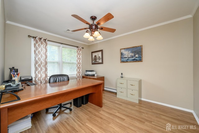 1 Wilfred Rd, Manalapan, NJ 07726 - home office with light wood-style flooring, a baseboard heating unit, crown molding, and a ceiling fan
