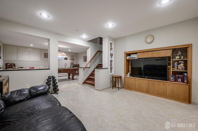 1 Wilfred Rd, Manalapan, NJ 07726 - living room with light tile patterned floors, pool table, recessed lighting, and stairs