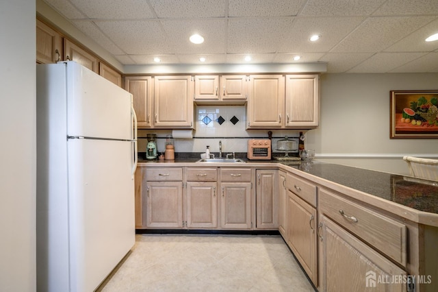 1 Wilfred Rd, Manalapan, NJ 07726 - kitchen featuring freestanding refrigerator, light brown cabinets, a paneled ceiling, recessed lighting, and light tile patterned flooring
