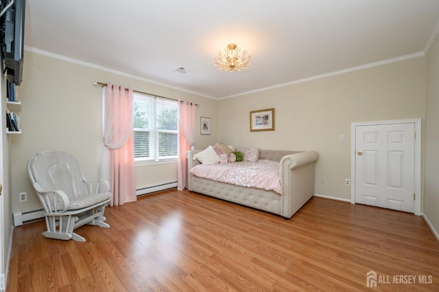 1 Wilfred Rd, Manalapan, NJ 07726 - bedroom featuring a baseboard radiator, light wood-style flooring, crown molding, and a chandelier