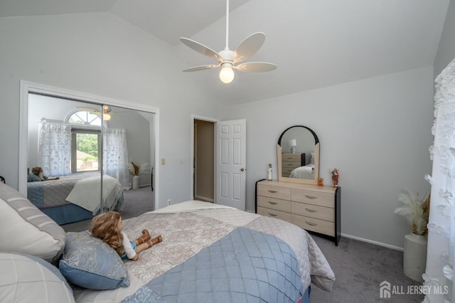 1 Wilfred Rd, Manalapan, NJ 07726 - bedroom with carpet floors, a closet, high vaulted ceiling, and ceiling fan