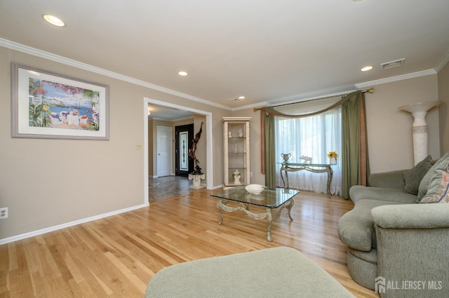 1 Wilfred Rd, Manalapan, NJ 07726 - living area featuring ornamental molding, light wood-type flooring, and recessed lighting