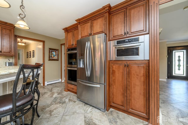 1 Wilfred Rd, Manalapan, NJ 07726 - kitchen with stainless steel appliances, baseboard heating, tasteful backsplash, brown cabinets, and ornamental molding