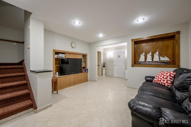 1 Wilfred Rd, Manalapan, NJ 07726 - living room with stairs, recessed lighting, and light tile patterned floors