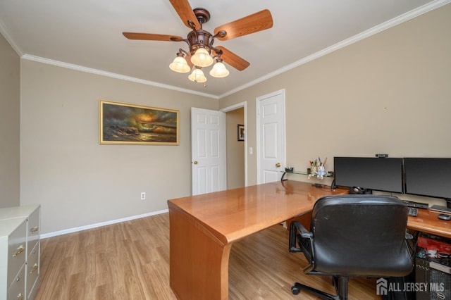 1 Wilfred Rd, Manalapan, NJ 07726 - office with crown molding, light wood-type flooring, and a ceiling fan