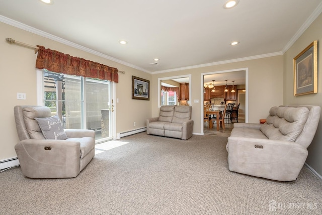 1 Wilfred Rd, Manalapan, NJ 07726 - living area featuring a baseboard heating unit, ornamental molding, recessed lighting, and carpet