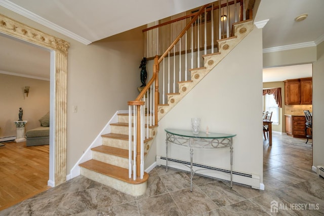 1 Wilfred Rd, Manalapan, NJ 07726 - stairs with baseboard heating, crown molding, and a baseboard radiator