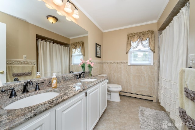 1 Wilfred Rd, Manalapan, NJ 07726 - full bathroom featuring baseboard heating, tile walls, tile patterned floors, double vanity, and plenty of natural light
