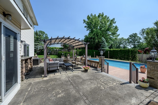 1 Wilfred Rd, Manalapan, NJ 07726 - view of swimming pool with a pergola, an outdoor living space, a patio, and a fenced backyard