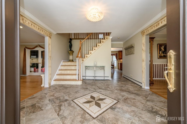 1 Wilfred Rd, Manalapan, NJ 07726 - entryway with baseboard heating, a baseboard heating unit, ornamental molding, stairway, and a chandelier