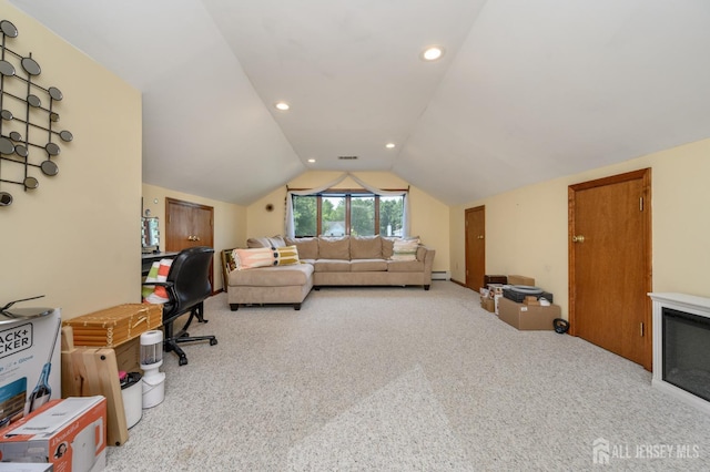 1 Wilfred Rd, Manalapan, NJ 07726 - living area with carpet flooring, vaulted ceiling, a baseboard heating unit, and recessed lighting