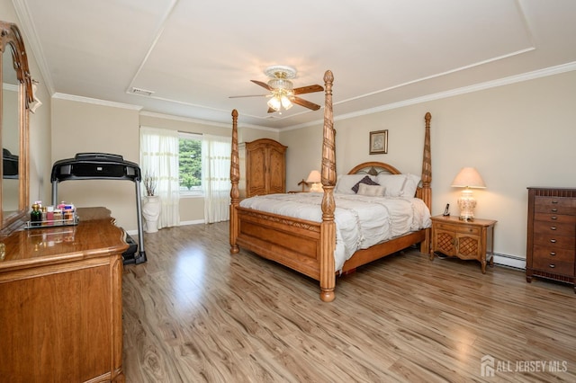 1 Wilfred Rd, Manalapan, NJ 07726 - bedroom with light wood-type flooring, a baseboard heating unit, crown molding, and ceiling fan