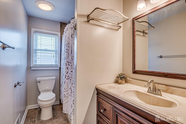 bathroom with tile patterned flooring, visible vents, baseboards, toilet, and vanity