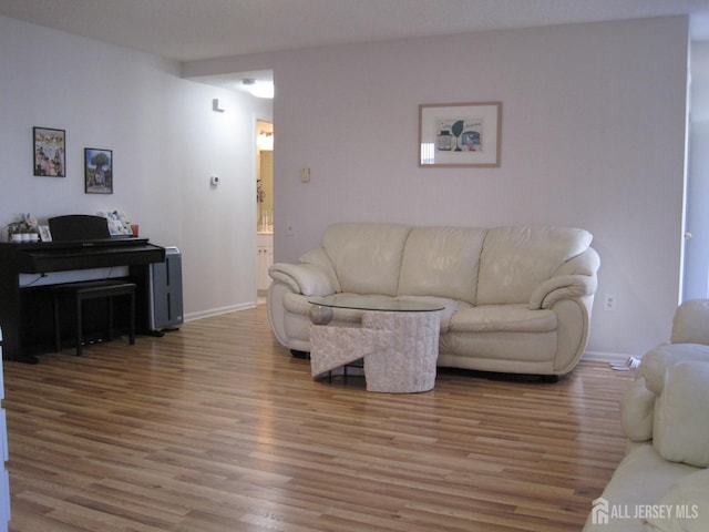 living area with baseboards and wood finished floors