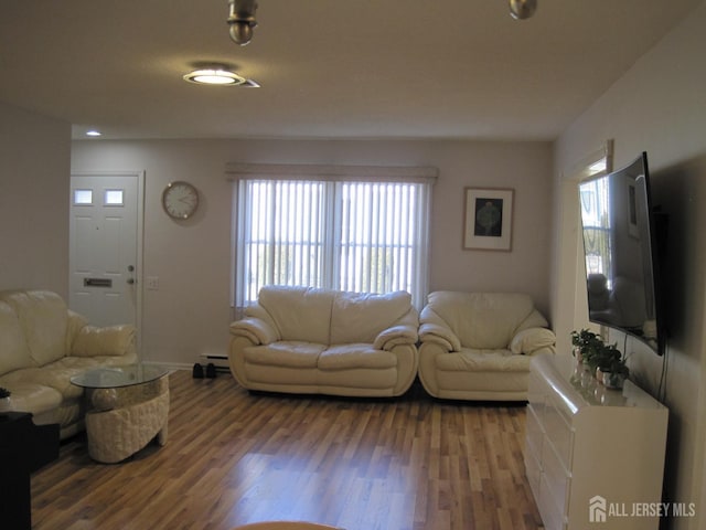 living area with a healthy amount of sunlight, a baseboard radiator, and wood finished floors