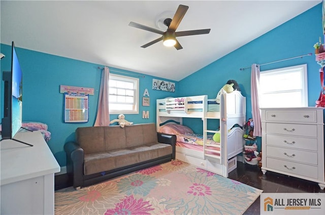 bedroom with vaulted ceiling and ceiling fan