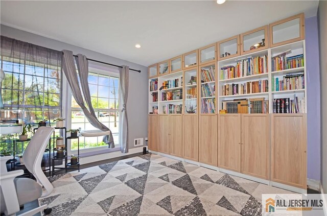 office area with recessed lighting and baseboards