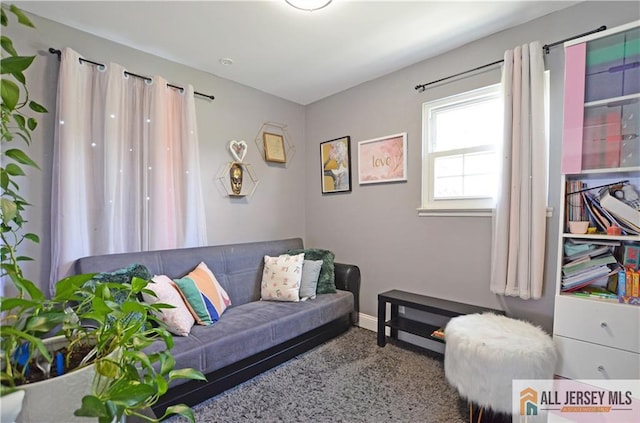 carpeted living area featuring baseboards