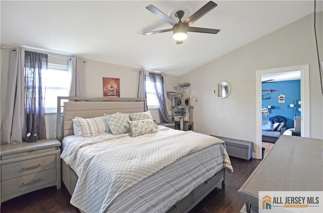 bedroom with vaulted ceiling, dark wood-type flooring, multiple windows, and ceiling fan