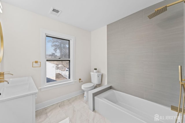 bathroom with visible vents, a bathing tub, baseboards, a shower, and toilet