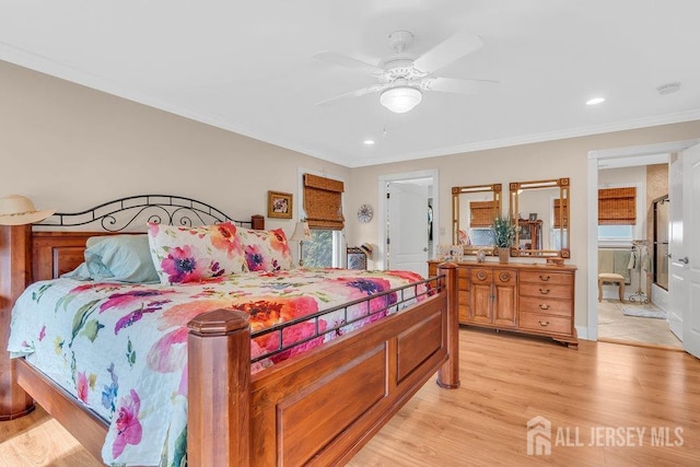 bedroom featuring a ceiling fan, ornamental molding, light wood-style flooring, and recessed lighting