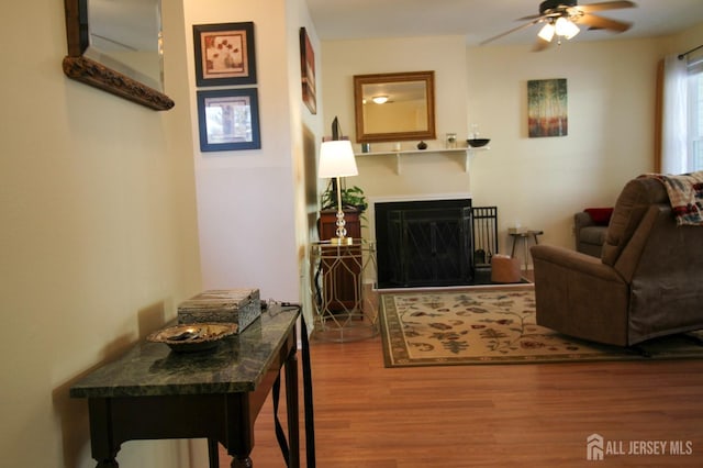 living room featuring hardwood / wood-style floors and ceiling fan